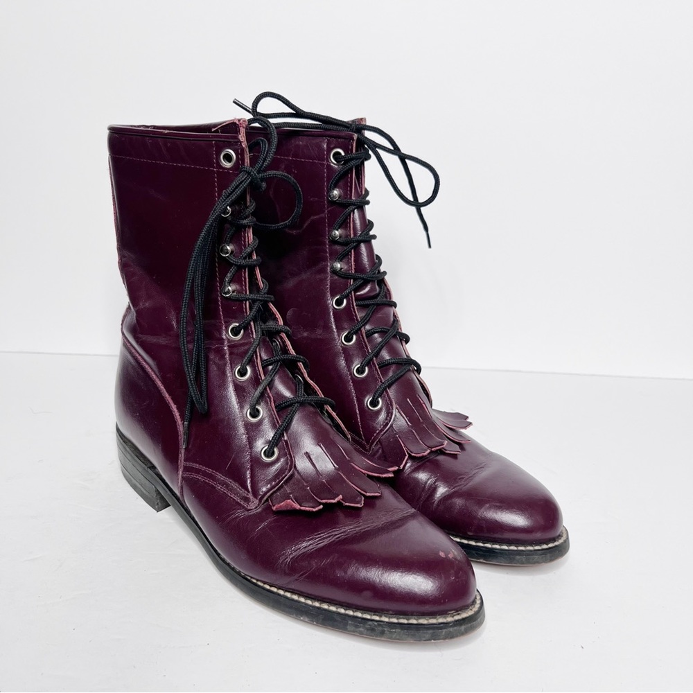 Vintage Diamond J Boots Burgundy Leather Lace Up Frill Boots Size 7.5 Women’s